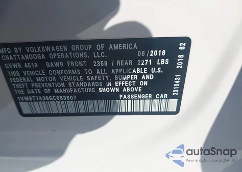 2016 Volkswagen Passat 1.8T Se z USA, uszkodzony, nr VIN 1VWBT7A38GC063807